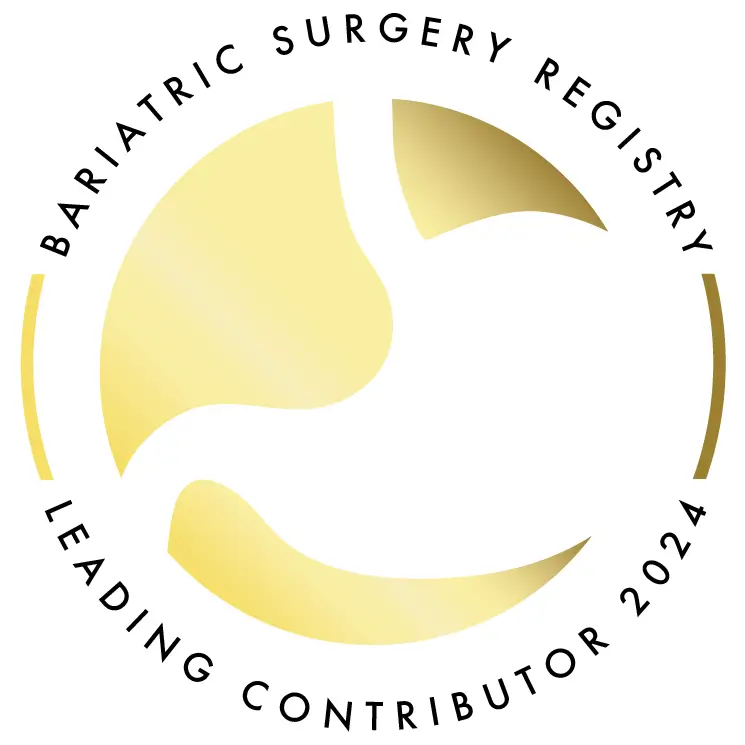 A gold circular logo with abstract shapes and text reading "Bariatric Surgery Registry Leading Contributor 2024.