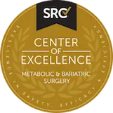Gold seal with "SRC Center of Excellence Metabolic & Bariatric Surgery" text, featuring laurel leaves and a black banner with the SRC logo at the top.